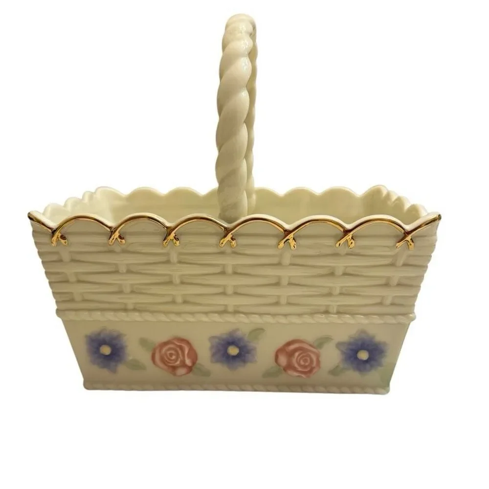 Lenox Porcelain Ivory Spring Garden Basket Blue Pink Floral 3D Butterfly Gold